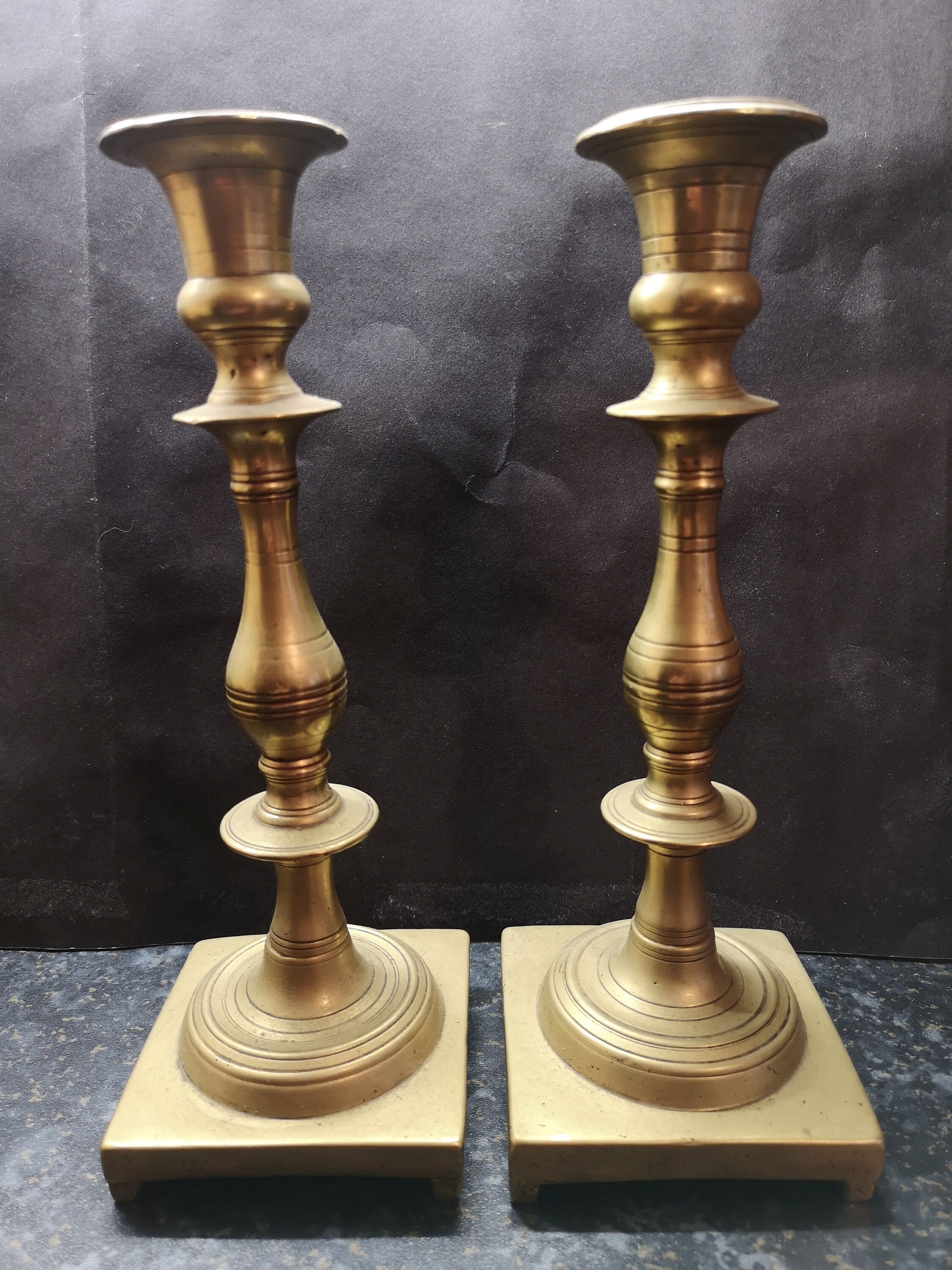Image of 18Th Century Heavy Cast Brass Sabbath Candlesticks With Hand Cut Screw Threads. Was 875.00 Now 500.00