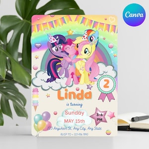 My Little Pony verjaardagsuitnodiging, leuke kleurrijke sjabloon voor kinderfeestje, bewerkbare canvaskaart, afdrukbaar ontwerp, leuke regenboog digitale download