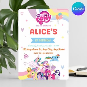 My Little Pony-feestuitnodiging, leuke verjaardagskaart voor kinderen, regenboogpastel bewerkbare canva-sjabloon, afdrukbaar pdf-bestand, digitale download