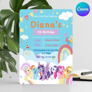 Verjaardagsuitnodiging My Little Pony Kids, schattige feestkaart, kleurrijke bewerkbare canvassjabloon, afdrukbaar DIY-bestand, instant digitale download