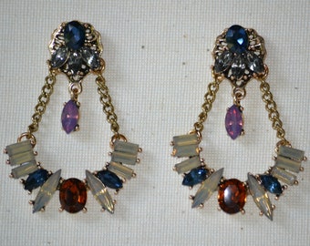 Statement Rhinestone Chandelier Crystal Dangle Drop Earrings Elegant Night Out Party Gold Blue