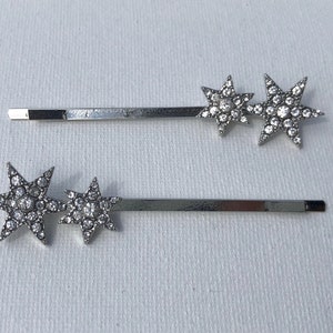 Silver Rhinestone Crystal Starburst Star Festival Trending Hair Clip Bobby Pin Barrette Pair Set of 2