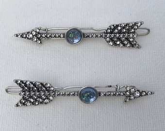 Arrow Cupid Silver Rhinestone Crystal Trending Hair Clip Bobby Pin Barrette Pair Set of 2