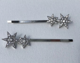 Silver Rhinestone Crystal Starburst Star Festival Trending Hair Clip Bobby Pin Barrette Paire Set of 2