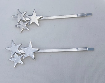 Silver Starburst Star Festival Hair Clip Bobby Pin Barrette Pair Set of 2