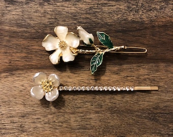 Flower White Green Crystal Rhinestone Stone Gold  Hair Bobby Pins Set of 2