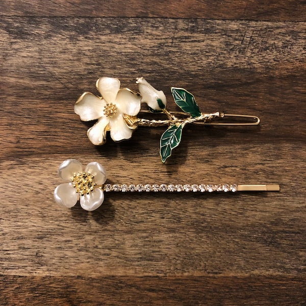 Flower White Green Crystal Rhinestone Stone Gold  Hair Bobby Pins Set of 2