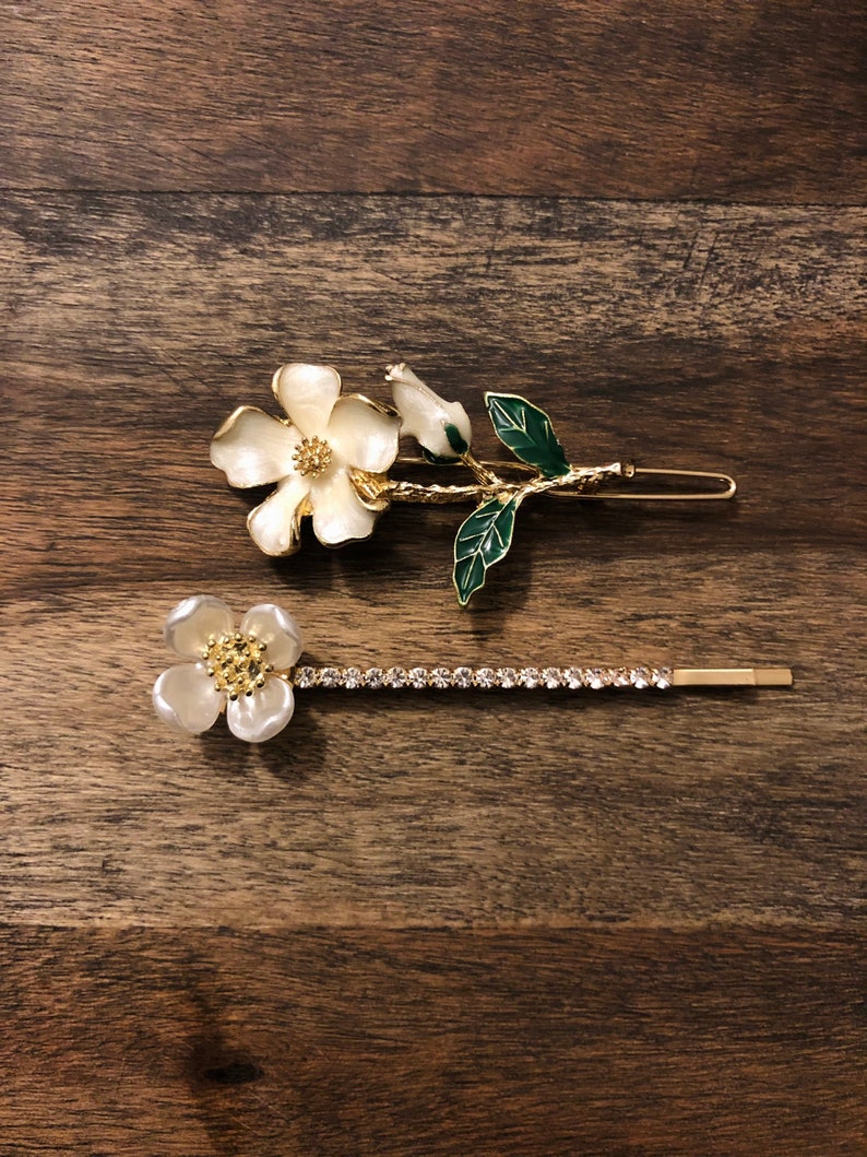 Flower White Green Crystal Rhinestone Stone Gold Hair Bobby Pins Set of 2 image 1