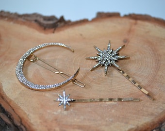 Crescent Moon Starburst Star Crystal Hair Clip Bobby Pin Brass Barrette Set of 3