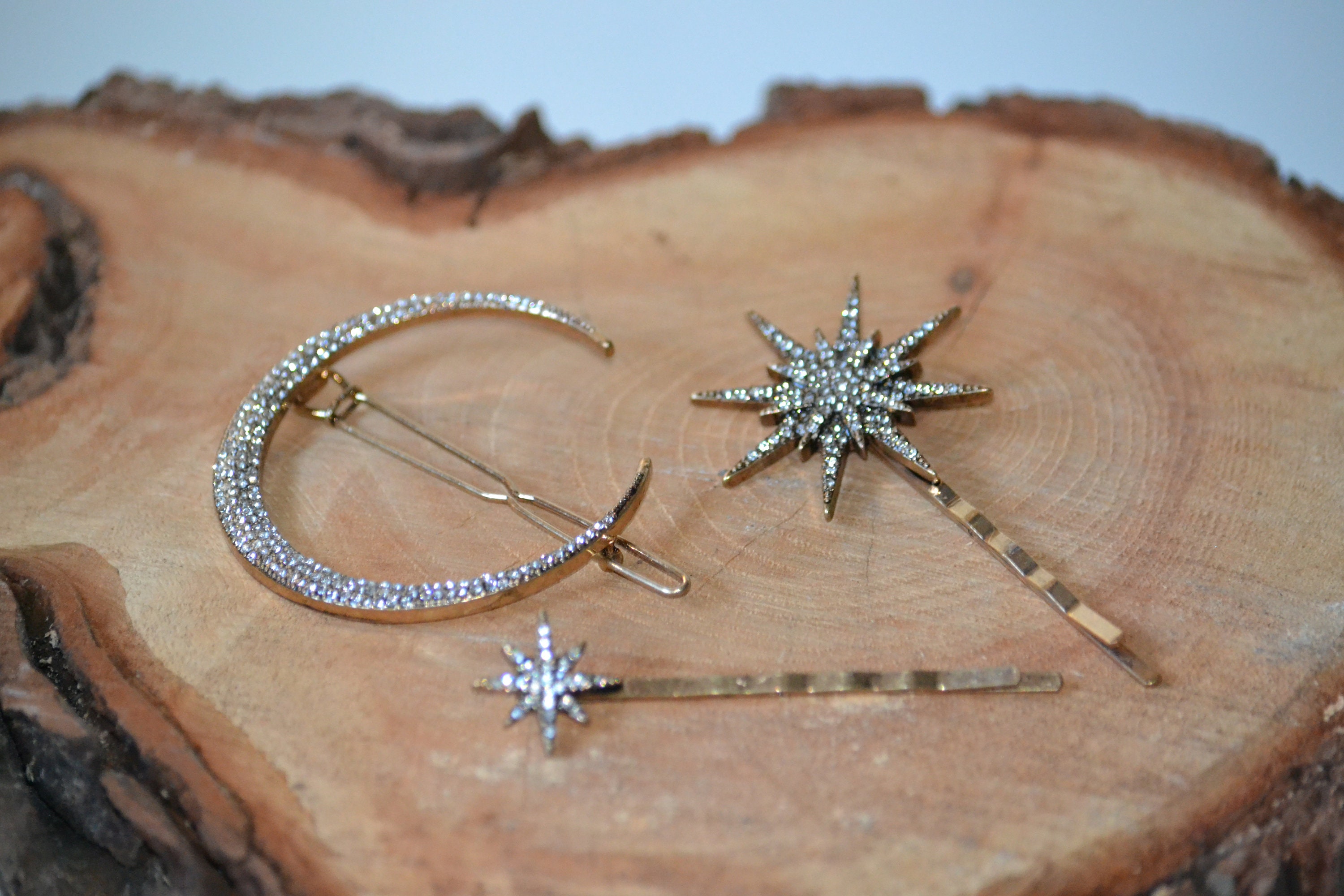Set of 3 Silver Crystal Crescent Moon and Stars Starburst Hair Pins Rhinestone Rhinestone Hair Accessory Boho Crystal Moon & Star Hair Clip  main image 3