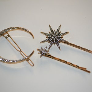 Crescent Moon Starburst Star Crystal Hair Clip Bobby Pin Brass Barrette Set of 3 image 3