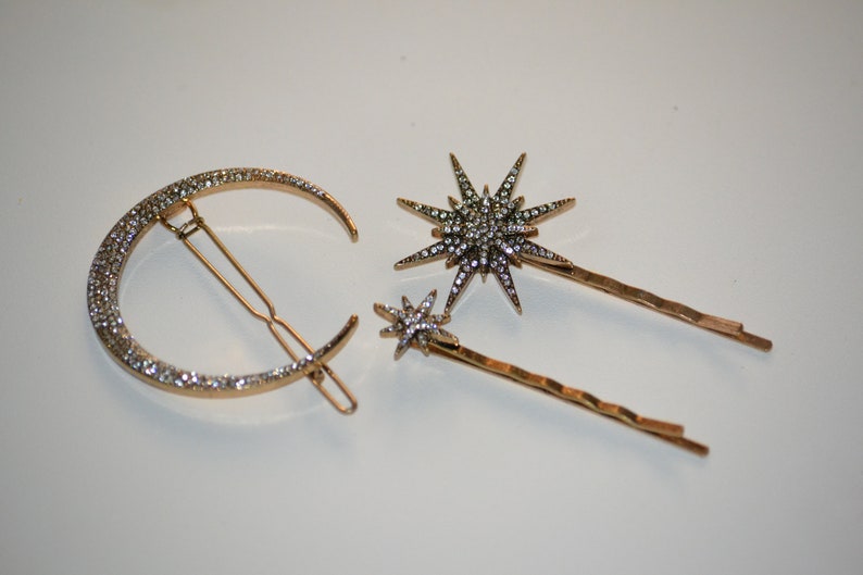 Crescent Moon Starburst Star Crystal Hair Clip Bobby Pin Brass Barrette Set of 3 image 3