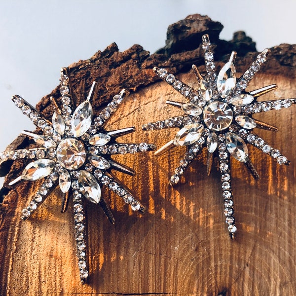 Celestial Star Starburst Stud Earring Rhinestone Crystal Art Deco Drop Dangle Earrings