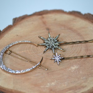 Crescent Moon Starburst Star Crystal Hair Clip Bobby Pin Brass Barrette Set of 3 image 2