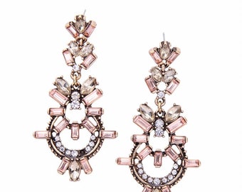 Pink Bright Starburst Earring Rhinestone Crystal Art Deco Drop Dangle Earrings