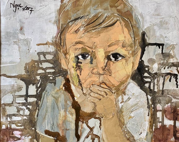 CRYING CHILD 13x18” Oil on canvas,  live painting, Đường Lâm village, original by Nguyen Ly Phuong Ngoc