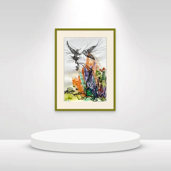 BIRDIE #3 12x18” water color, ink on paper, unframed, collaborative art, original by Nguyen Ly Phuong Ngoc