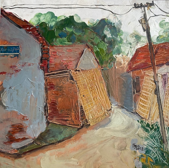 Cự Đà village 15x15”, Oil on canvas, live painting, Vietnam village scene (Cự Đà), original by Nguyen Ly Phuong Ngoc
