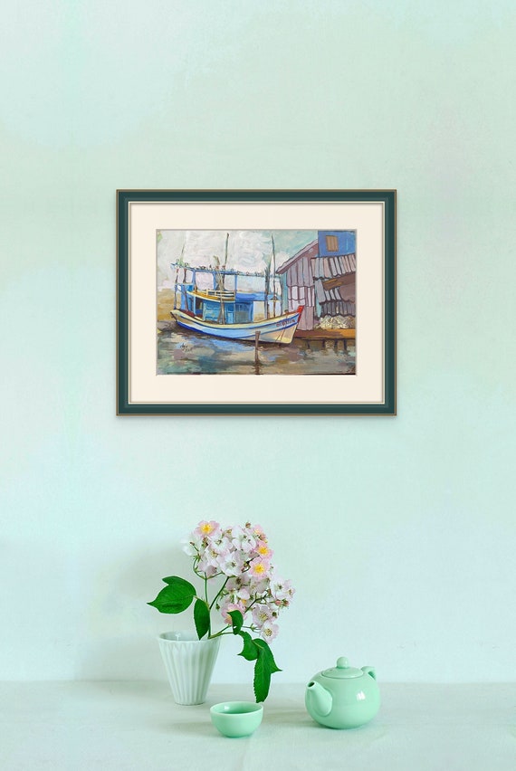FISHING BOAT 16x20" Gouache on Paper, Live Painting, Mekong Delta (Sông Đốc, Cà Mau Province), unframed, Original by Nguyen Ly Phuong Ngoc