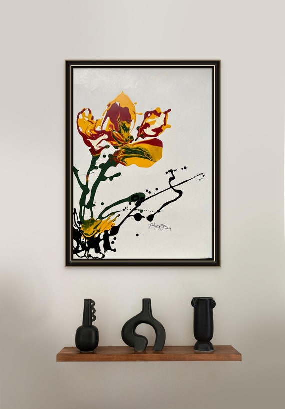 ORCHID 16x21.5” oil on paper, lines, fun wall decor,unframed, original painting by Nguyen Ly Phuong Ngoc