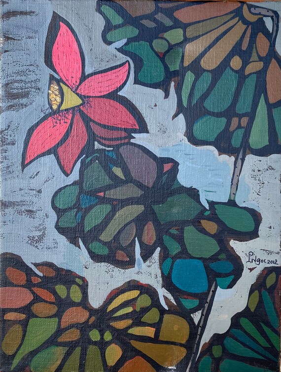AUTUMN CRIMSON 12x16" acrylic on canvas, four seasons, floral wall decor, original painting by Nguyen Ly Phuong Ngoc