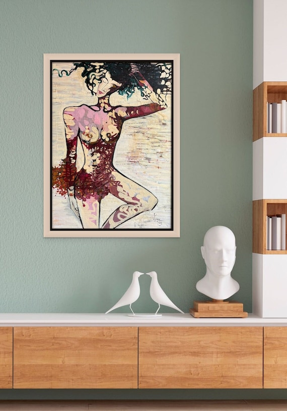 BEING GIRLY 32x43" oil on canvas, framed nude art, wall decor, original painting by Nguyen Ly Phuong Ngoc