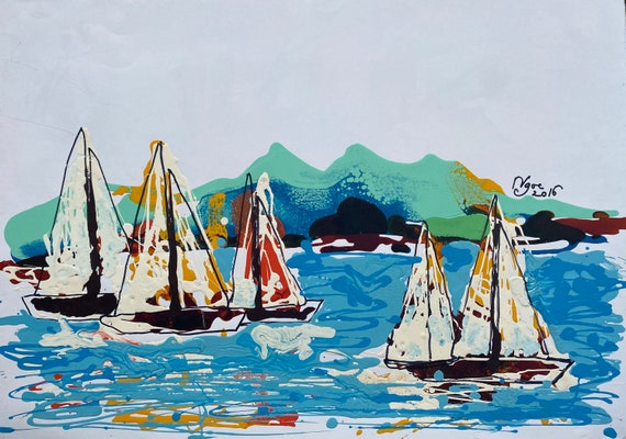 SAILING LAKE UNION 21.7x15.7" oil on paper, lines, Seattle boats, Lake Union, original painting by Nguyen Ly Phuong Ngoc