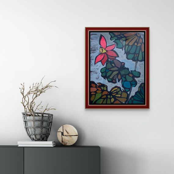 AUTUMN CRIMSON 12x16" acrylic on canvas, four seasons, floral wall decor, original painting by Nguyen Ly Phuong Ngoc