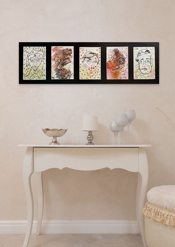 DAY PORTRAITS 52x16" oil on canvas, five portraits, framed wall decor, original painting by Nguyen Ly Phuong Ngoc