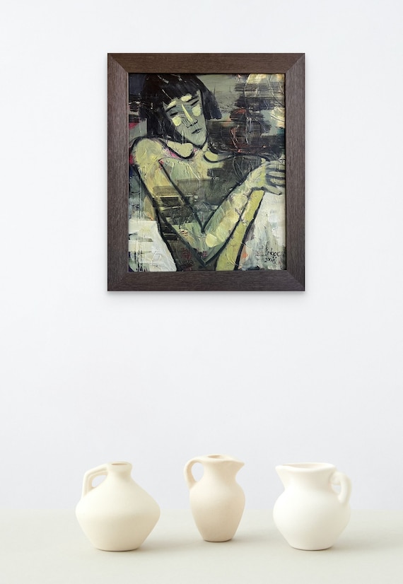 FEELINGS #1 - 19x23" framed oil on canvas, nude art, wall decor, original painting by Nguyen Ly Phuong Ngoc