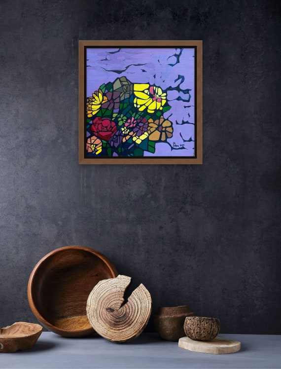 On the clip 13.8x13.8” acrylic on canvas, flowers, floral wall decor, original painting by Nguyen Ly Phuong Ngoc