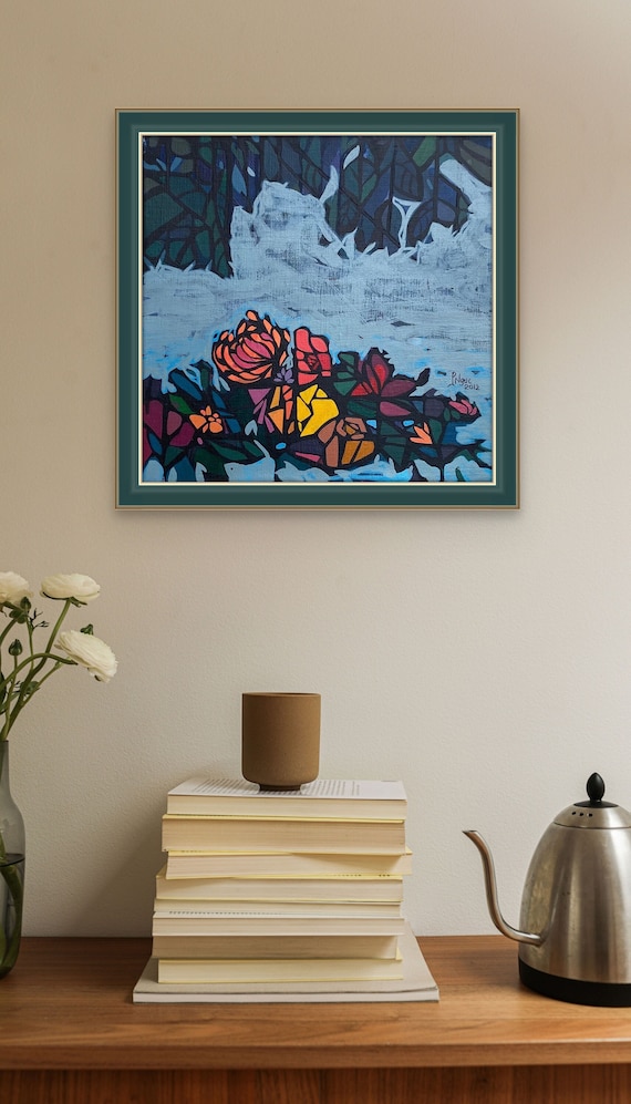 Quivering in the Morning Dew 13.8x13.8” acrylic on canvas, flowers, floral wall decor, original painting by Nguyen Ly Phuong Ngoc
