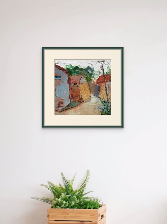 Cự Đà village 15x15”, Oil on canvas, live painting, Vietnam village scene (Cự Đà), unframed, original by Nguyen Ly Phuong Ngoc