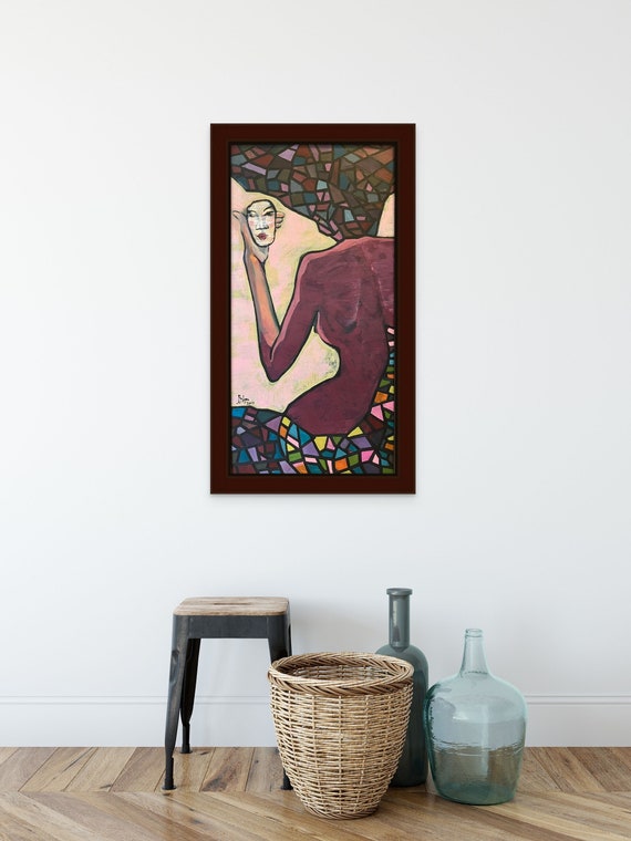 MIRROR 20x39" oil on canvas, nude art, wall decor, original painting by Nguyen Ly Phuong Ngoc
