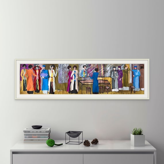 BEFORE THE SHOW  46x12”  gouache on paper, Vietnam Folk Opera (Hát Chèo), unframed, original by Nguyen Ly Phuong Ngoc