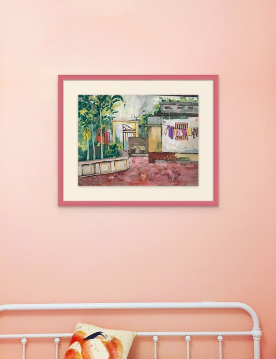 In the courtyard 2 - 16x20” Gouache on paper, live painting, Vietnam village scene (Cự Đà), unframed, original by Nguyen Ly Phuong Ngoc