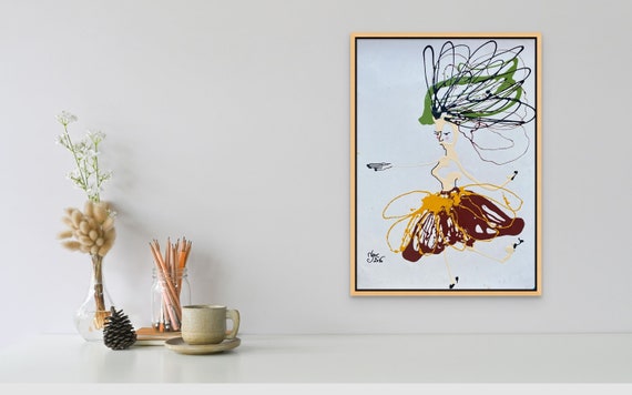 That's how I dance! 21.7x 15.7" oil on paper, lines, fun wall decor, unframed, original painting by Nguyen Ly Phuong Ngoc