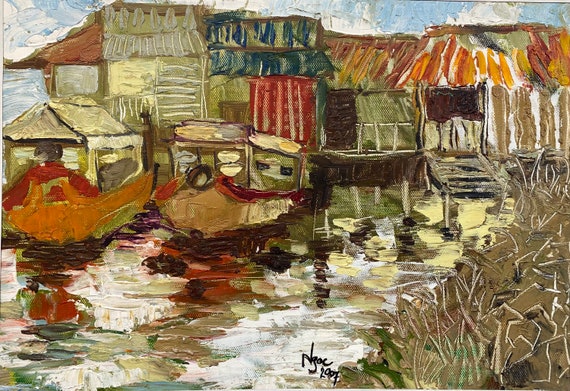 RIVER PARKING 16x10" textured oil on canvas, live painting, Mekong Delta (Cần Thơ Province), original by Nguyen Ly Phuong Ngoc