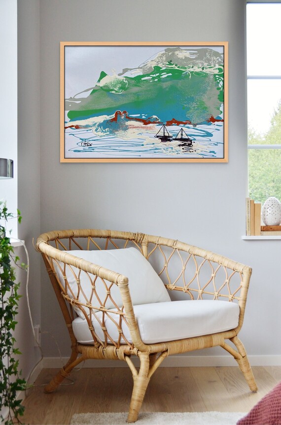 PEACEFUL DAY 21.7x15.7" oil on paper, lines, Seattle boats, Lake Washington, unframed, original painting by Nguyen Ly Phuong Ngoc