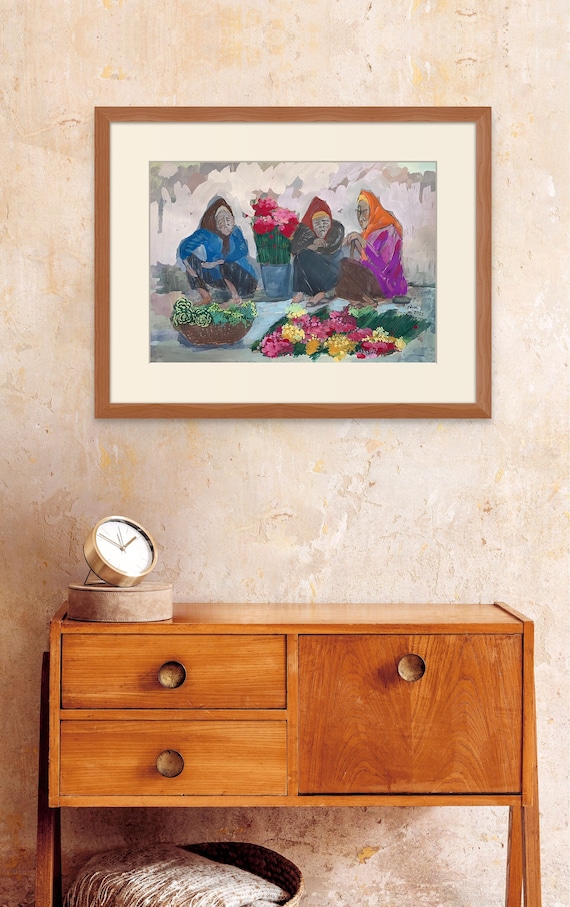CHATTING 16x20'' gouache on paper,  Vietnam village scene, unframed, original by Nguyen Ly Phuong Ngoc