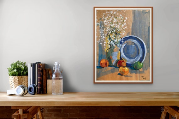 STILL LIFE BOUQUET 15.5x19.5" gouache on paper, flowers, floral wall decor, unframed, original painting by Nguyen Ly Phuong Ngoc
