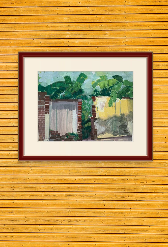 BEHIND THE WALL 20x16" gouache on paper, live painting, Vietnam village scene (Cự Đà), unframed, original by Nguyen Ly Phuong Ngoc