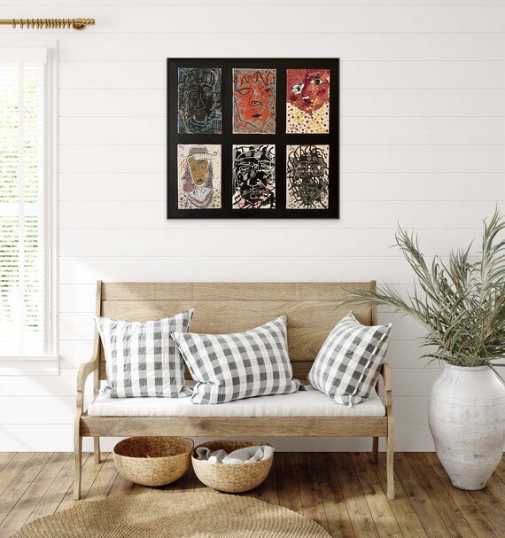 PORTRAITS OF DREAMING I - 30x32" oil on canvas, six portraits, framed wall decor, original painting by Nguyen Ly Phuong Ngoc