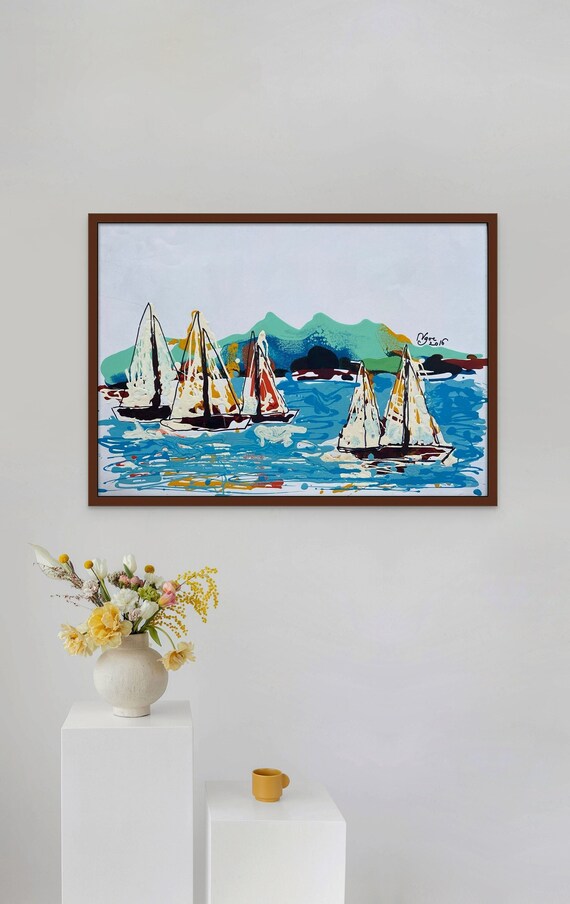 SAILING LAKE UNION 21.7x15.7" oil on paper, lines, Seattle boats, Lake Union, unframed, original painting by Nguyen Ly Phuong Ngoc