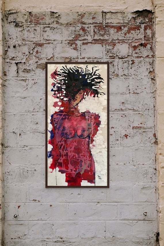 GIRL ON FIRE 20x39" oil on canvas, nude art, wall decor, unframed, original painting by Nguyen Ly Phuong Ngoc