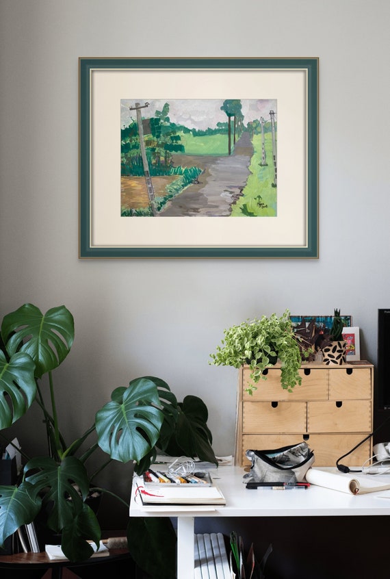 ROAD FORK - 20x16" gouache on paper, live painting, Vietnam village scene (Thái Bình), unframed, original by Nguyen Ly Phuong Ngoc