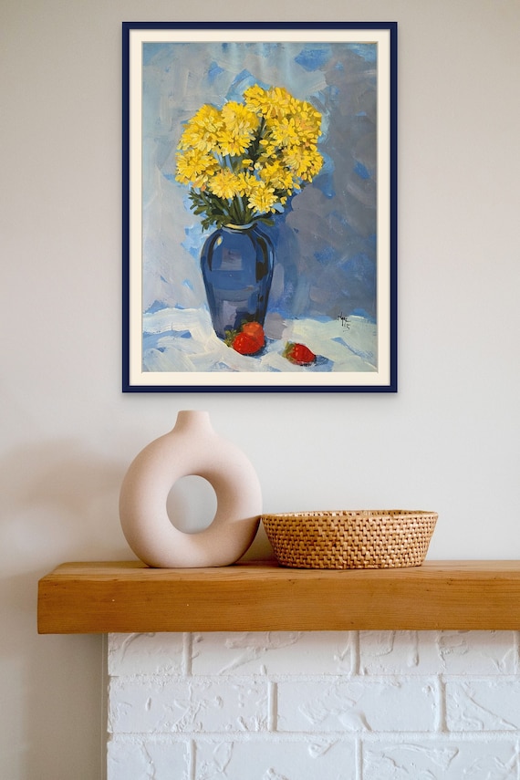 YELLOW DAISIES 2, 16x20” gouache on paper, flowers, floral wall decor, unframed, original painting by Nguyen Ly Phuong Ngoc