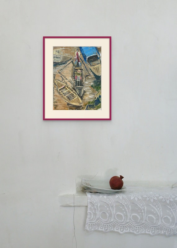 ROWING 12x15” textured oil on canvas, live painting, Mekong Delta (Cần Thơ Province), unframed, original by Nguyen Ly Phuong Ngoc