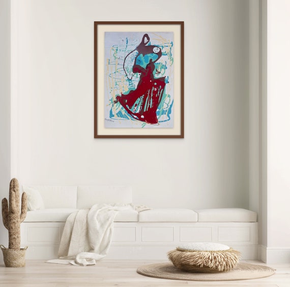 LULLABY 21.7x 15.7" oil on paper, lines, fun wall decor, unframed, original painting by Nguyen Ly Phuong Ngoc