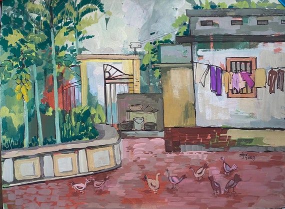 In the courtyard 2 - 16x20” Gouache on paper, live painting, Vietnam village scene (Cự Đà), original by Nguyen Ly Phuong Ngoc
